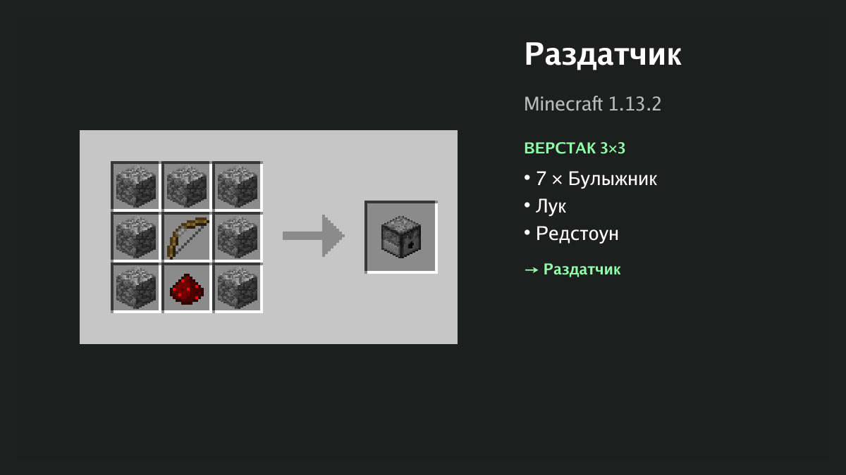 Рецепт: раздатчик в Minecraft — 7 × булыжник, лук, редстоун (верстак 3×3)
