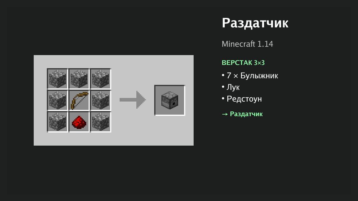 Рецепт: раздатчик в Minecraft — 7 × булыжник, лук, редстоун (верстак 3×3)