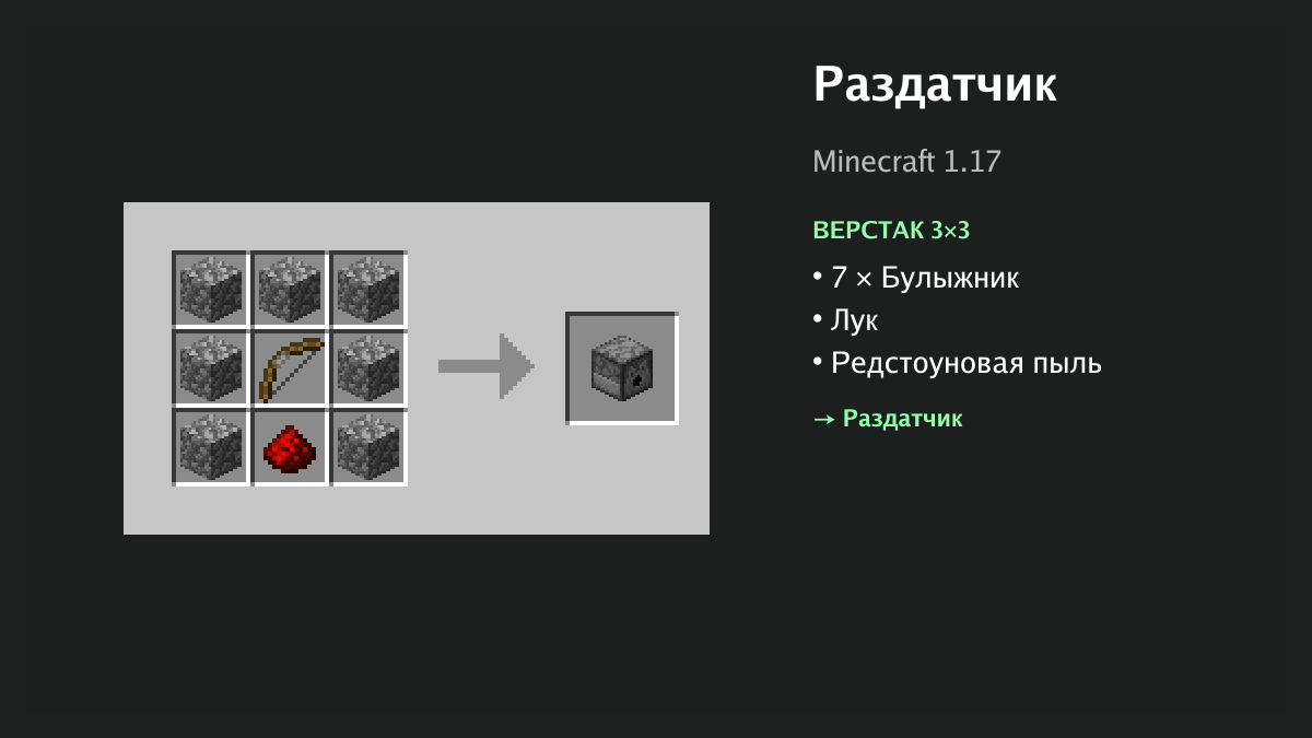 Рецепт: раздатчик в Minecraft — 7 × булыжник, лук, редстоуновая пыль (верстак 3×3)
