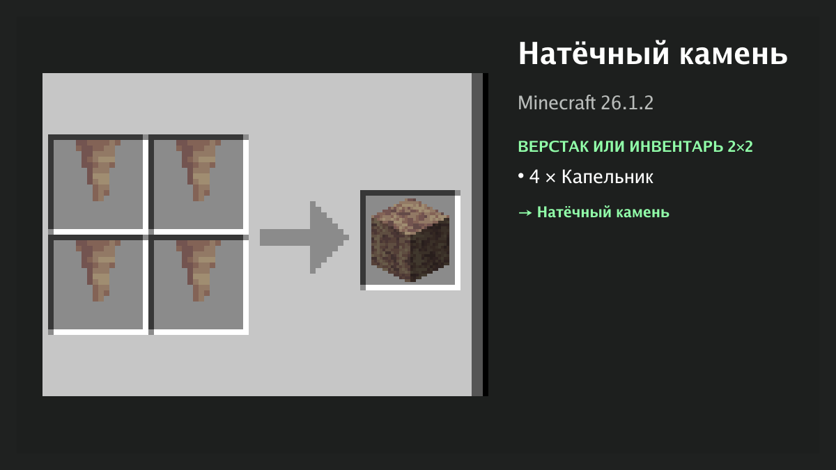 Рецепт: натёчный камень в Minecraft — 4 × капельник (верстак или инвентарь 2×2)