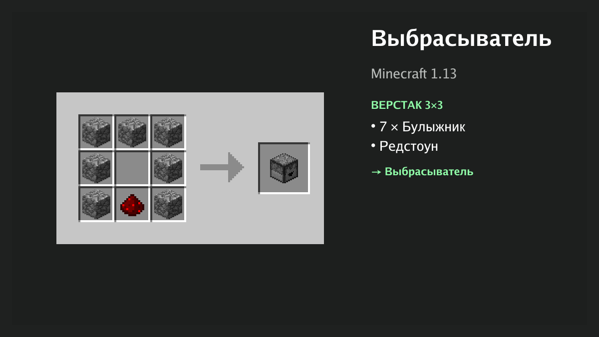 Рецепт: выбрасыватель в Minecraft — 7 × булыжник, редстоун (верстак 3×3)