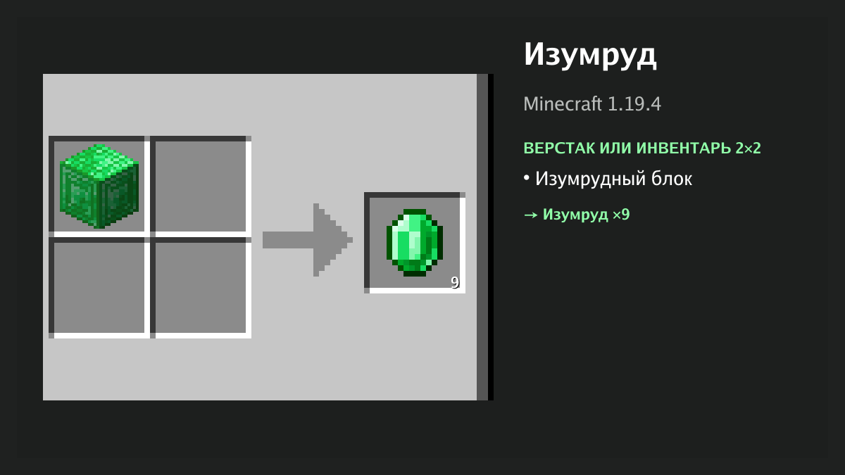 Рецепт: изумруд в Minecraft — изумрудный блок (верстак или инвентарь 2×2)