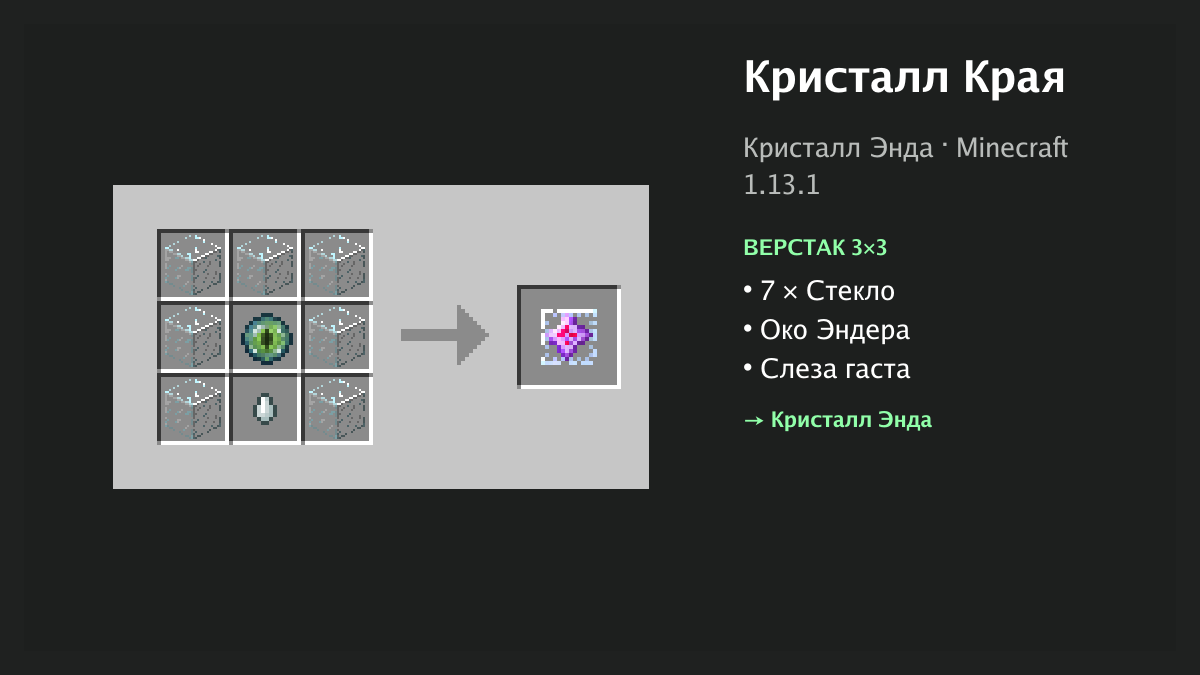 Рецепт: кристалл края в Minecraft — 7 × стекло, око эндера, слеза гаста (верстак 3×3)