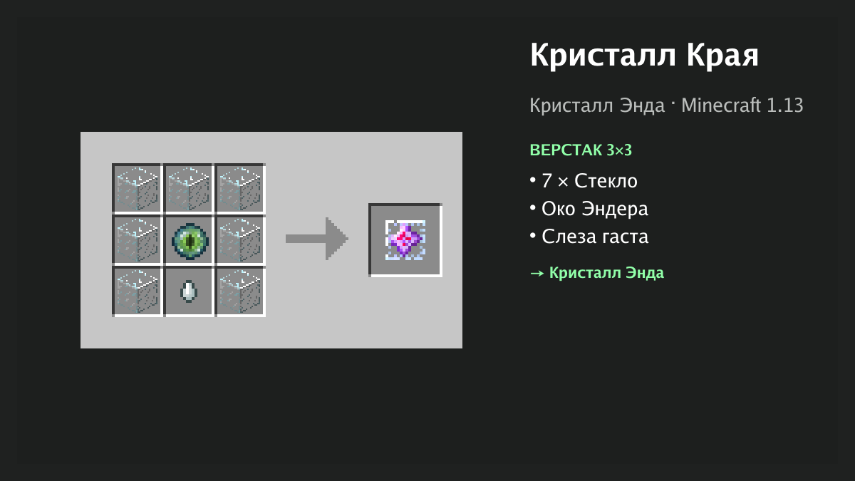 Рецепт: кристалл края в Minecraft — 7 × стекло, око эндера, слеза гаста (верстак 3×3)