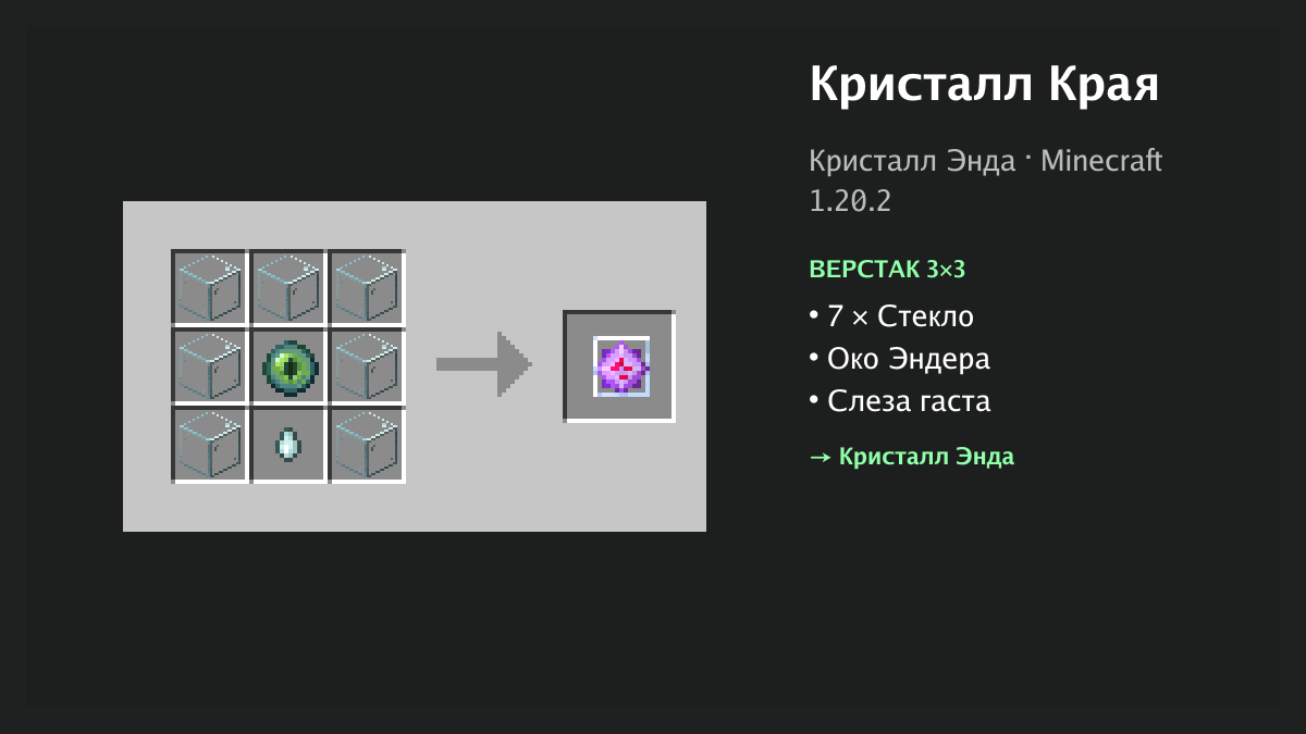 Рецепт: кристалл края в Minecraft — 7 × стекло, око эндера, слеза гаста (верстак 3×3)