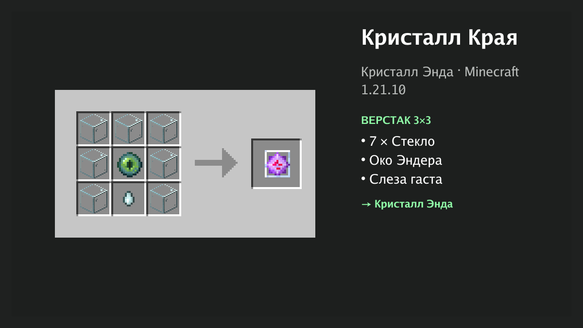 Рецепт: кристалл края в Minecraft — 7 × стекло, око эндера, слеза гаста (верстак 3×3)
