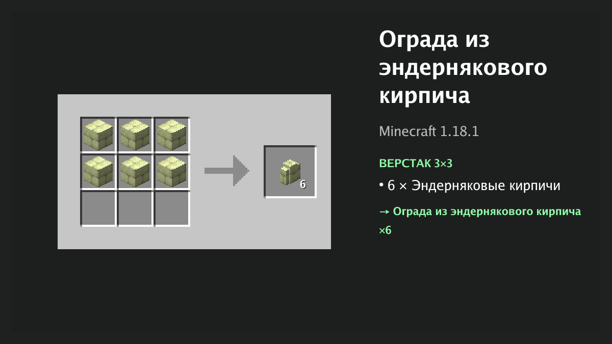 Рецепт: ограда из эндернякового кирпича в Minecraft — 6 × эндерняковые кирпичи (верстак 3×3)