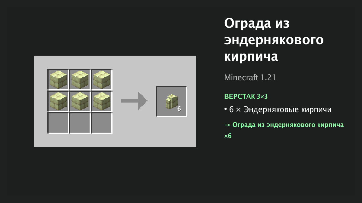 Рецепт: ограда из эндернякового кирпича в Minecraft — 6 × эндерняковые кирпичи (верстак 3×3)