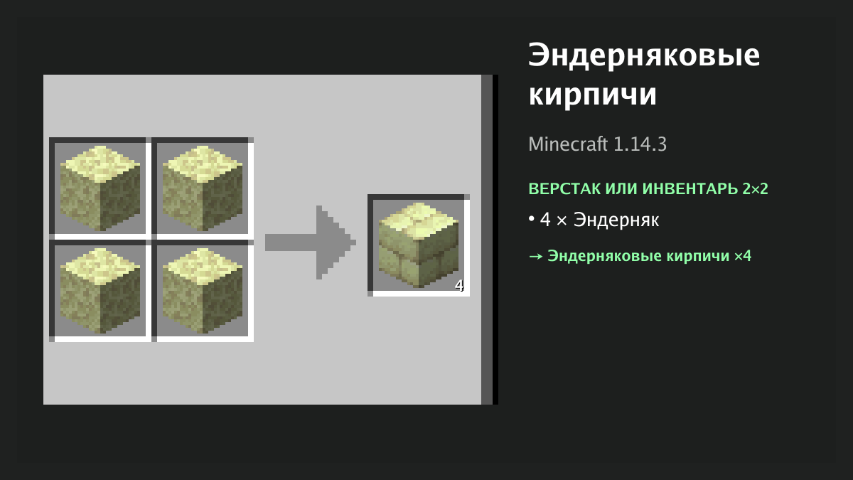 Рецепт: эндерняковые кирпичи в Minecraft — 4 × эндерняк (верстак или инвентарь 2×2)