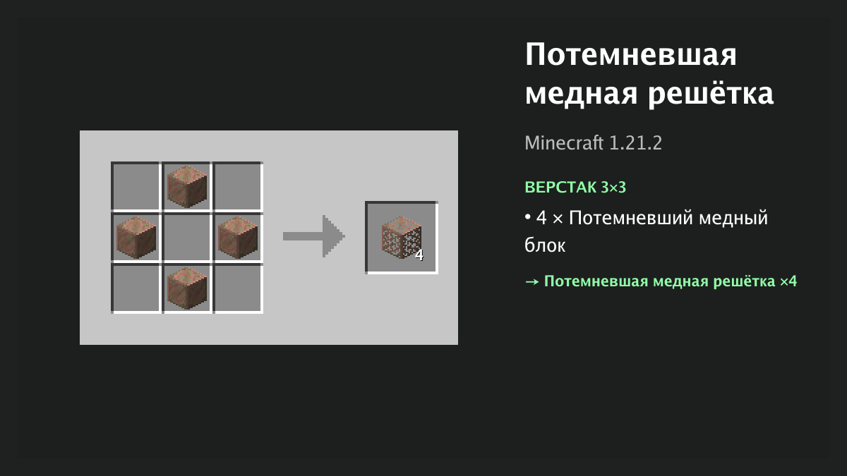 Рецепт: потемневшая медная решётка в Minecraft — 4 × потемневший медный блок (верстак 3×3)