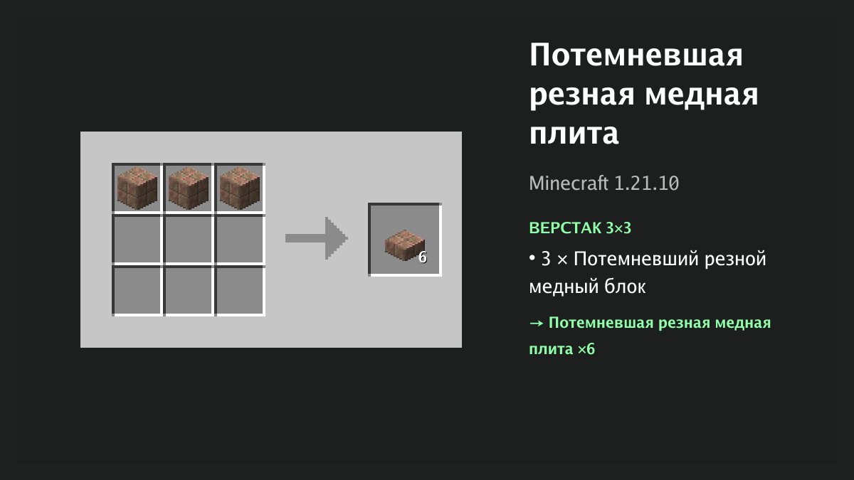 Рецепт: потемневшая резная медная плита в Minecraft — 3 × потемневший резной медный блок (верстак 3×3)