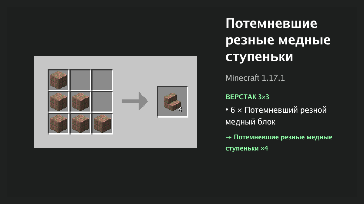 Рецепт: потемневшие резные медные ступеньки в Minecraft — 6 × потемневший резной медный блок (верстак 3×3)