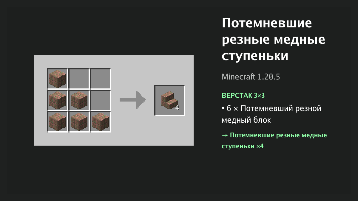 Рецепт: потемневшие резные медные ступеньки в Minecraft — 6 × потемневший резной медный блок (верстак 3×3)