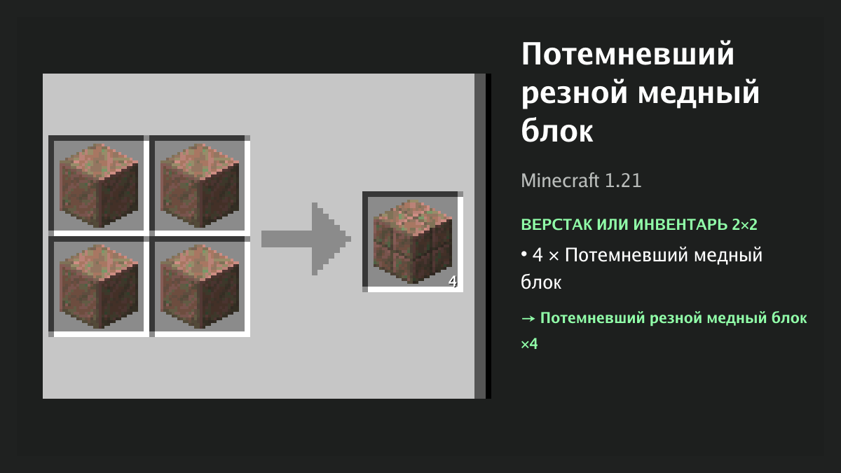 Рецепт: потемневший резной медный блок в Minecraft — 4 × потемневший медный блок (верстак или инвентарь 2×2)