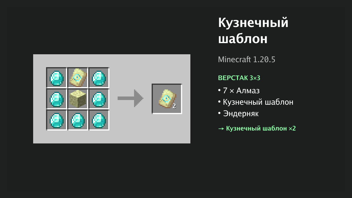 Рецепт: кузнечный шаблон в Minecraft — 7 × алмаз, кузнечный шаблон, эндерняк (верстак 3×3)