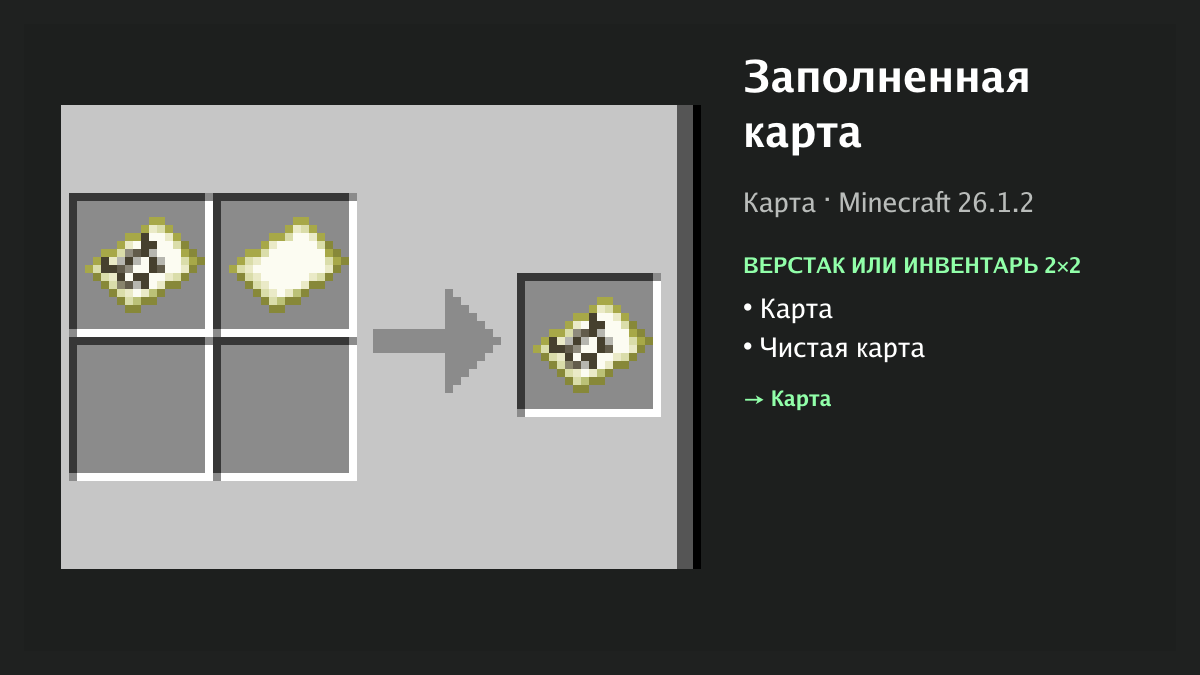Рецепт: заполненная карта в Minecraft — карта, чистая карта (верстак или инвентарь 2×2)