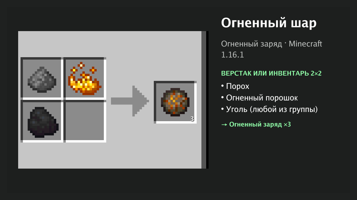 Рецепт: огненный шар в Minecraft — порох, огненный порошок, уголь (верстак или инвентарь 2×2)