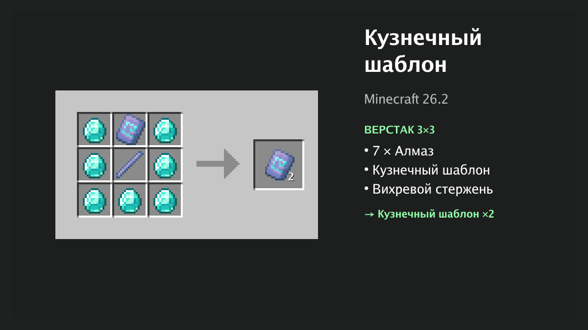Рецепт: кузнечный шаблон в Minecraft — 7 × алмаз, кузнечный шаблон, вихревой стержень (верстак 3×3)