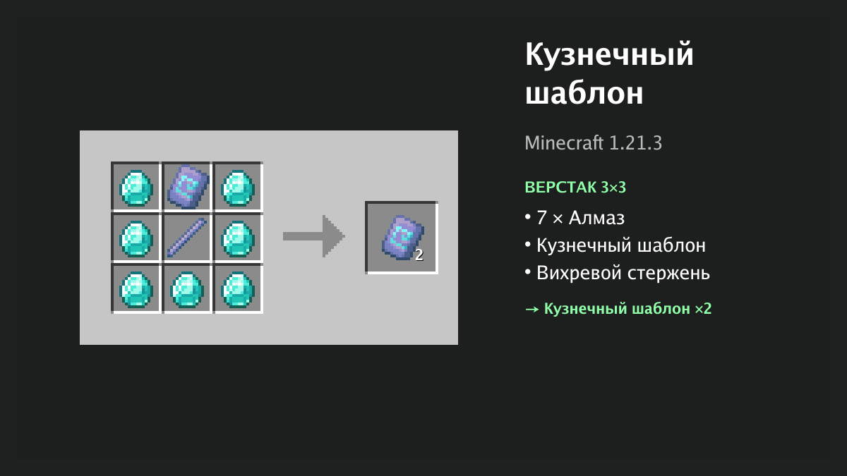 Рецепт: кузнечный шаблон в Minecraft — 7 × алмаз, кузнечный шаблон, вихревой стержень (верстак 3×3)