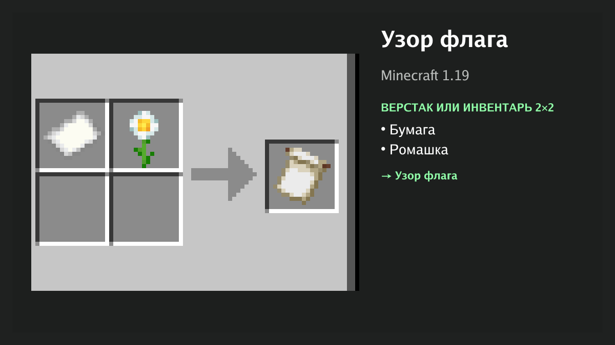 Рецепт: узор флага в Minecraft — бумага, ромашка (верстак или инвентарь 2×2)