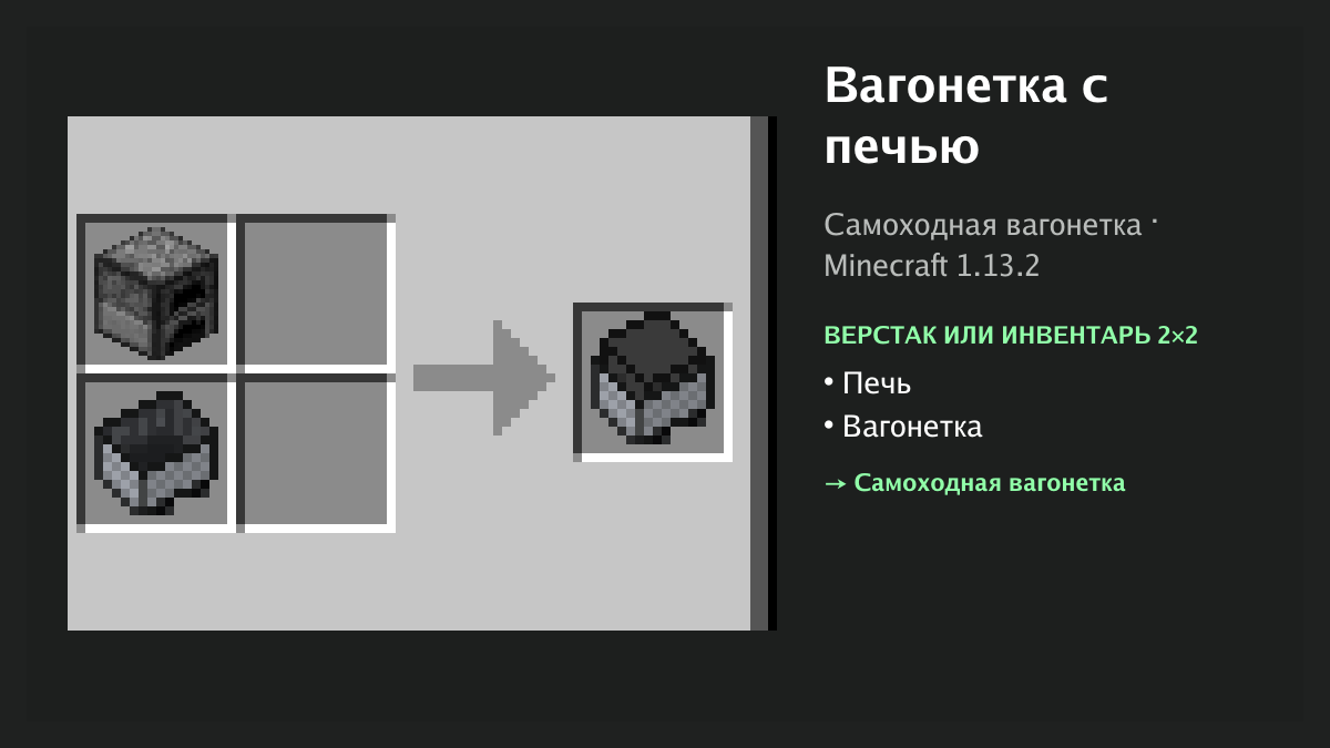 Рецепт: вагонетка с печью в Minecraft — печь, вагонетка (верстак или инвентарь 2×2)