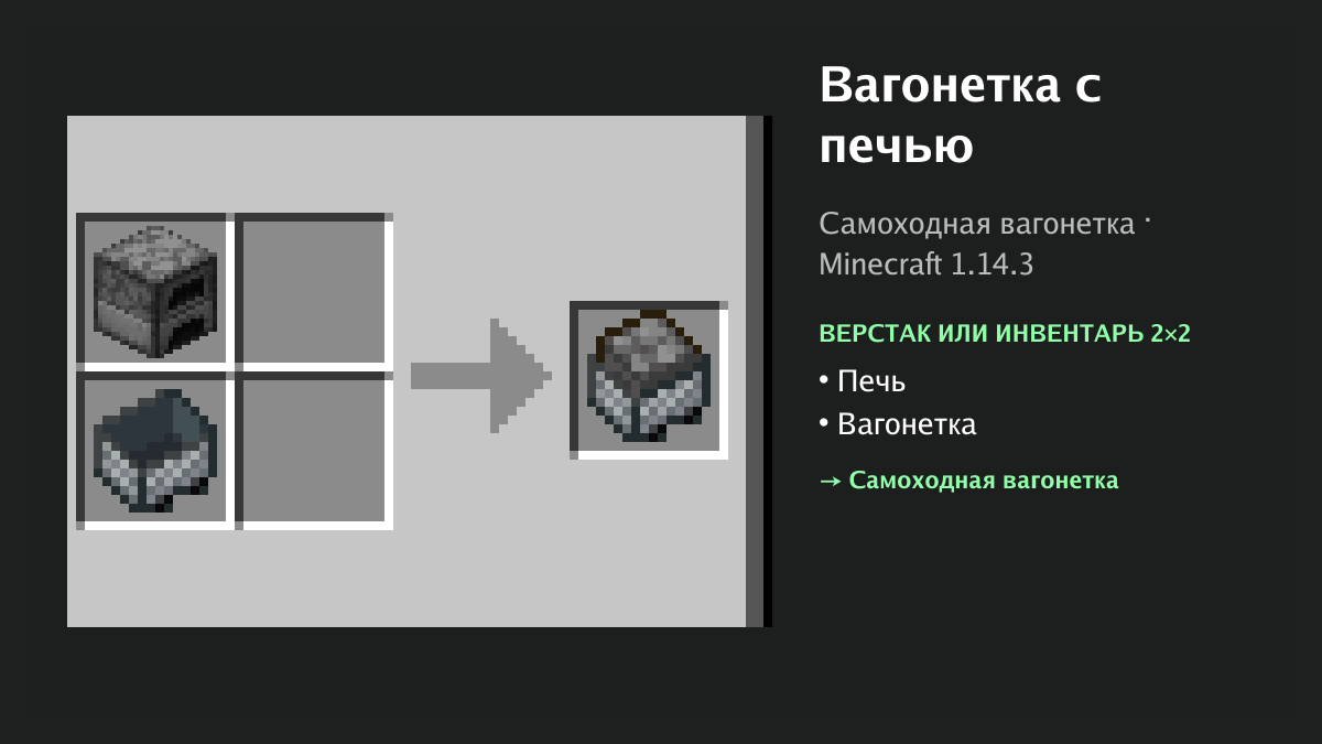 Рецепт: вагонетка с печью в Minecraft — печь, вагонетка (верстак или инвентарь 2×2)