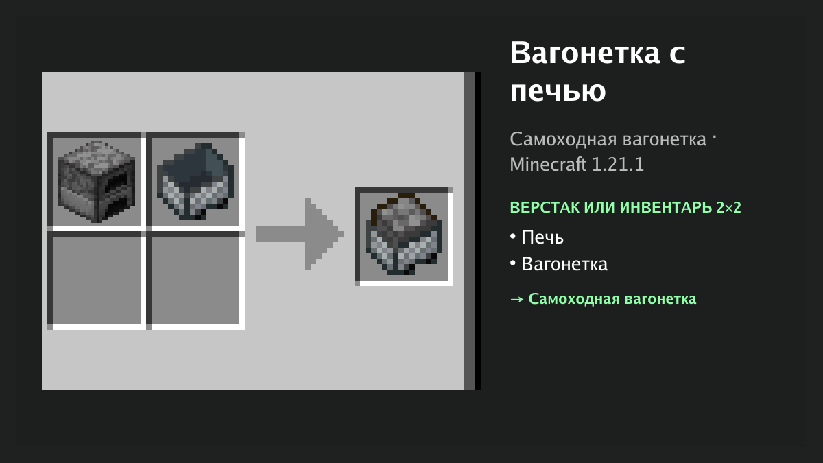 Рецепт: вагонетка с печью в Minecraft — печь, вагонетка (верстак или инвентарь 2×2)