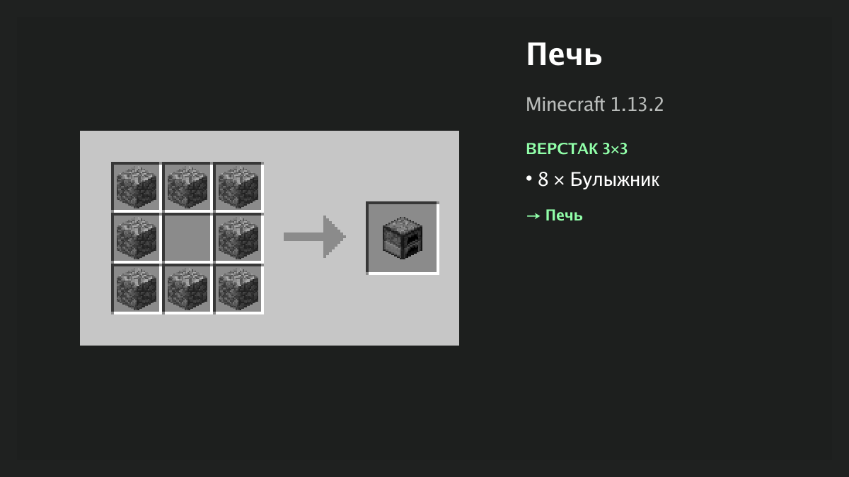 Рецепт: печь в Minecraft — 8 × булыжник (верстак 3×3)