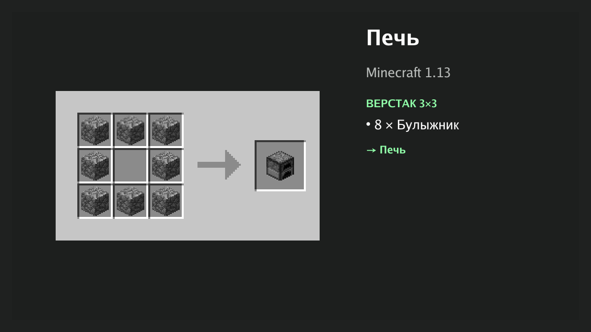 Рецепт: печь в Minecraft — 8 × булыжник (верстак 3×3)