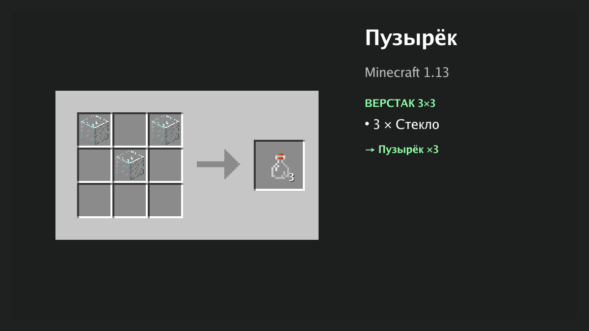 Рецепт: пузырёк в Minecraft — 3 × стекло (верстак 3×3)