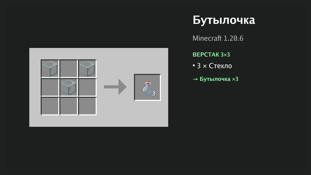 Рецепт: бутылочка в Minecraft — 3 × стекло (верстак 3×3)