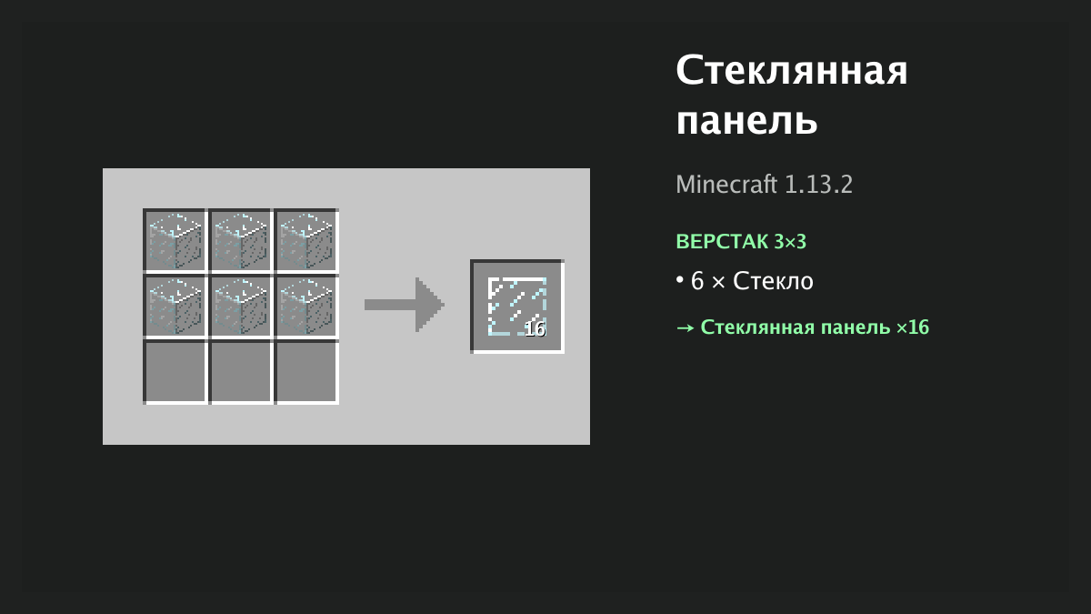 Рецепт: стеклянная панель в Minecraft — 6 × стекло (верстак 3×3)