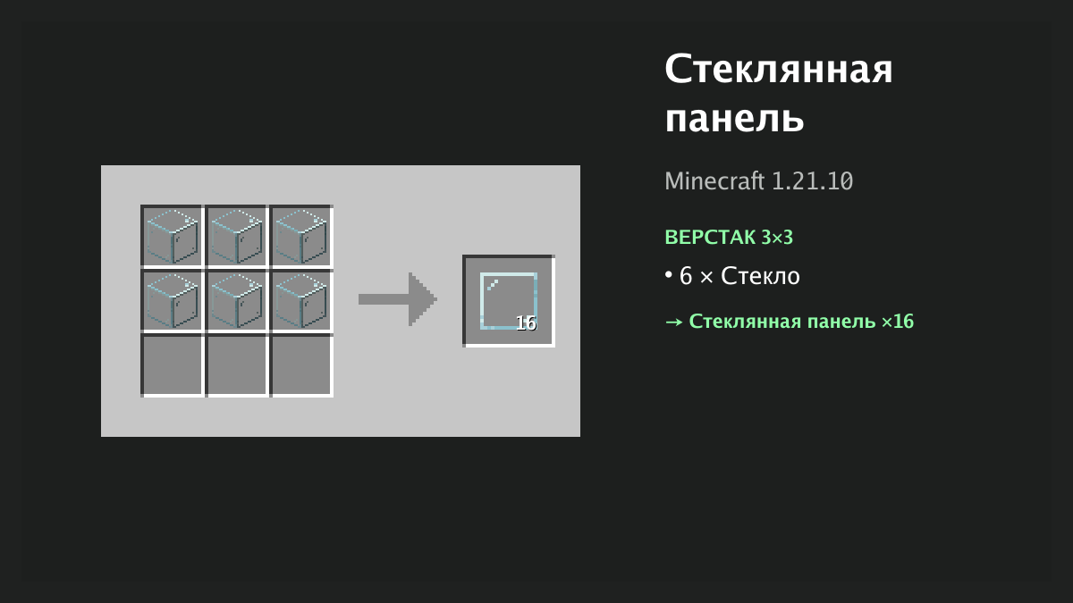 Рецепт: стеклянная панель в Minecraft — 6 × стекло (верстак 3×3)