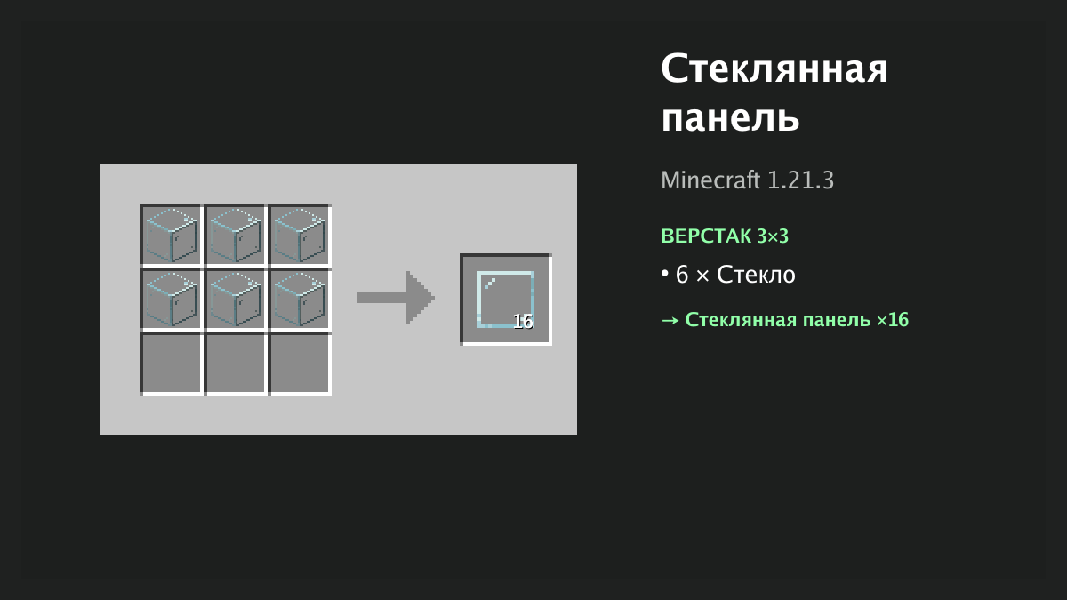 Рецепт: стеклянная панель в Minecraft — 6 × стекло (верстак 3×3)