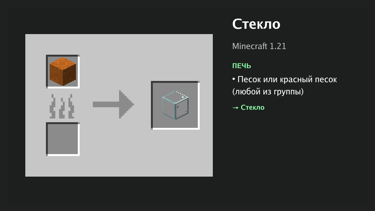 Рецепт: стекло в Minecraft — песок или красный песок (печь)