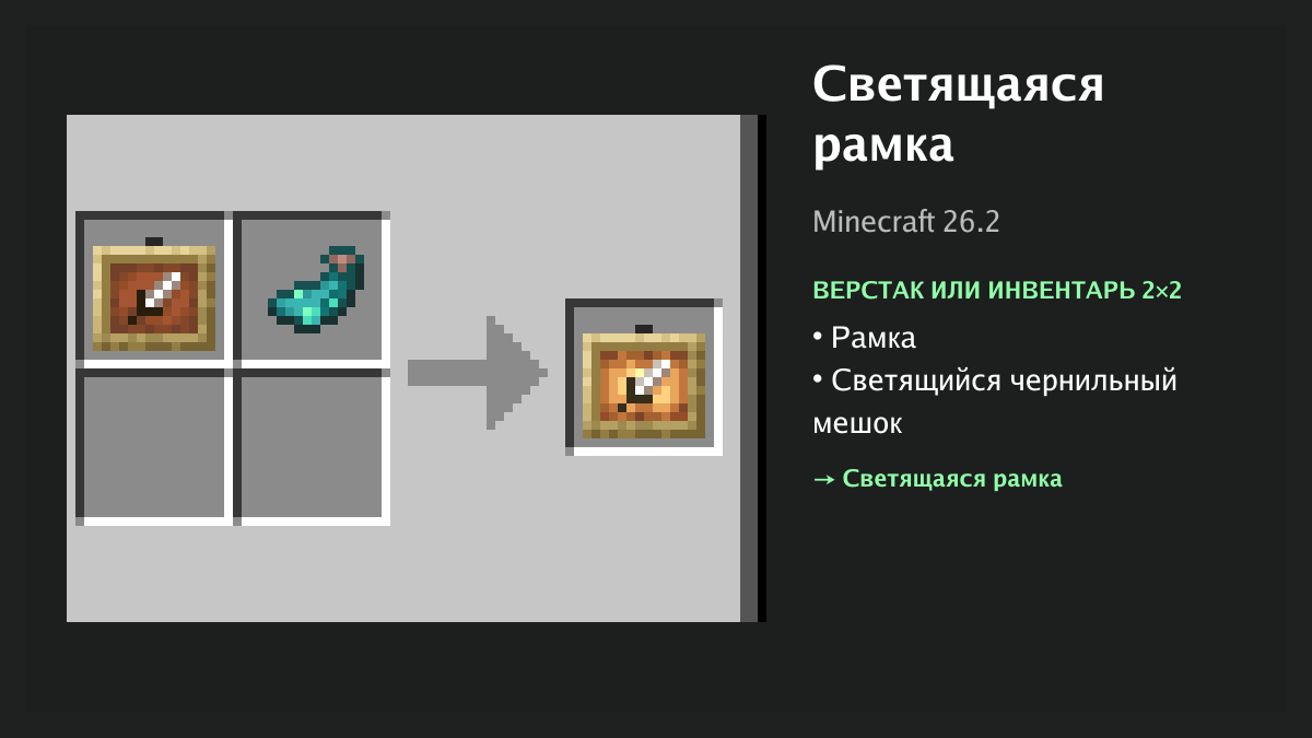 Рецепт: светящаяся рамка в Minecraft — рамка, светящийся чернильный мешок (верстак или инвентарь 2×2)