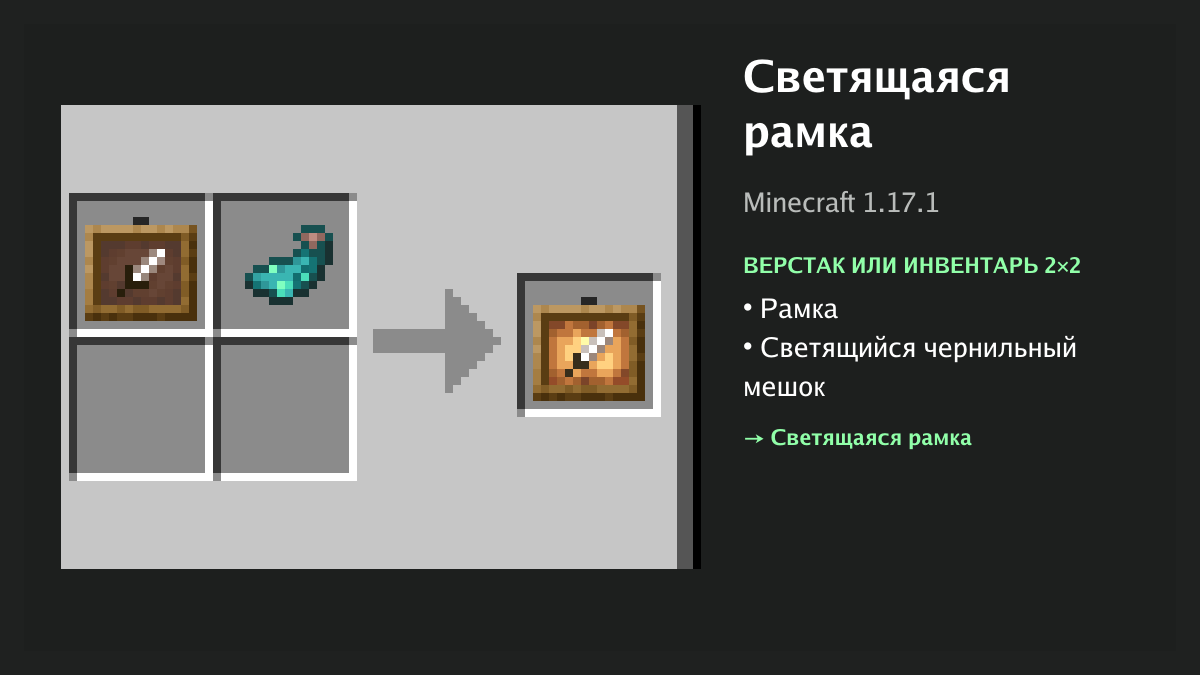 Рецепт: светящаяся рамка в Minecraft — рамка, светящийся чернильный мешок (верстак или инвентарь 2×2)