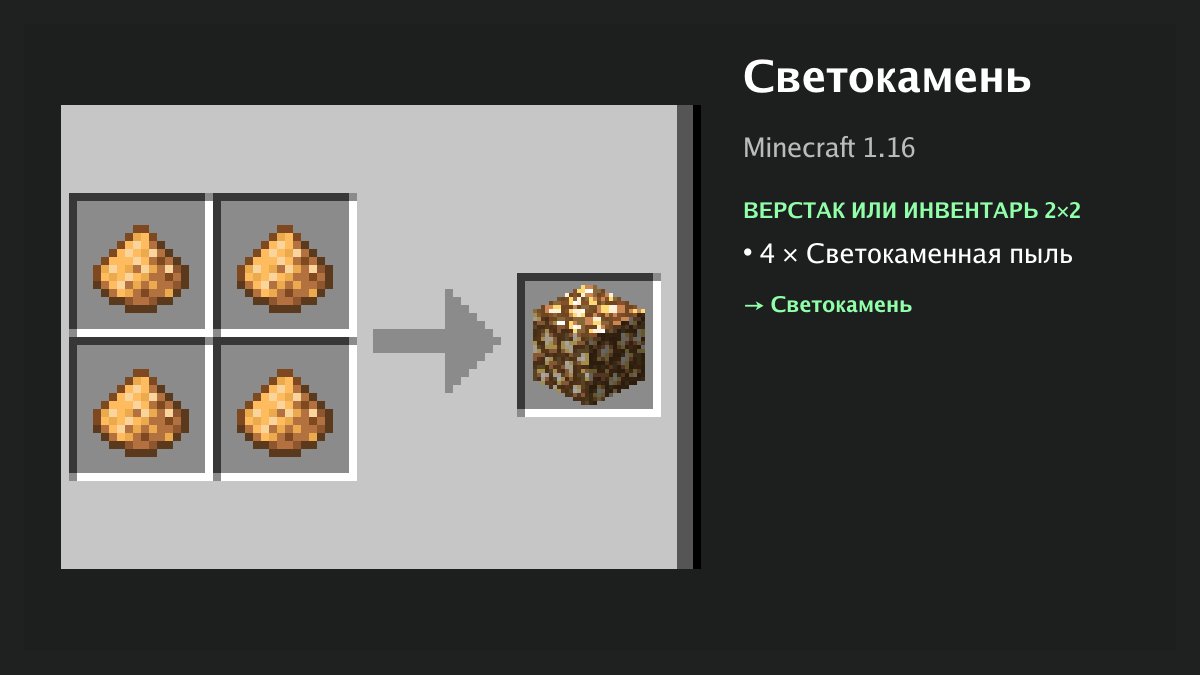 Рецепт: светокамень в Minecraft — 4 × светокаменная пыль (верстак или инвентарь 2×2)