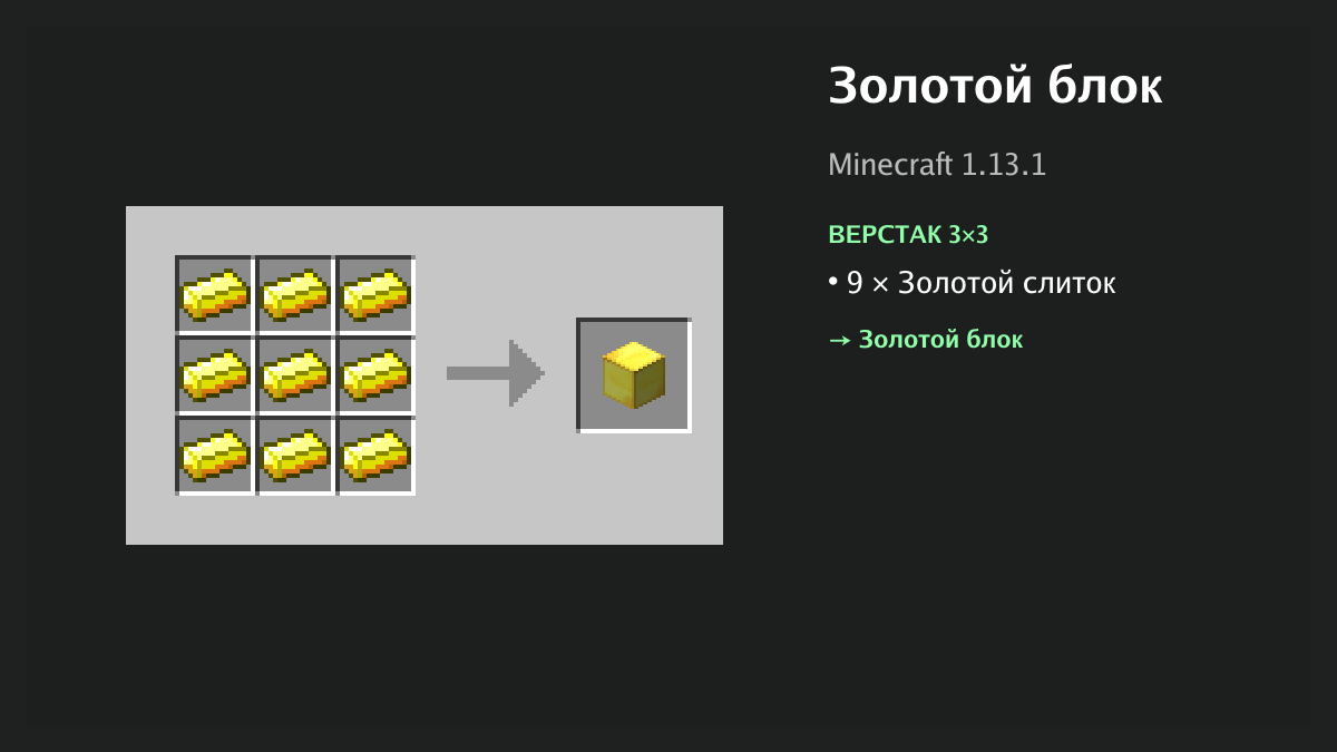 Рецепт: золотой блок в Minecraft — 9 × золотой слиток (верстак 3×3)