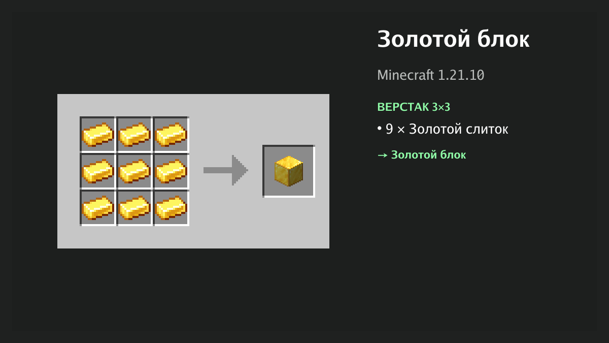 Рецепт: золотой блок в Minecraft — 9 × золотой слиток (верстак 3×3)