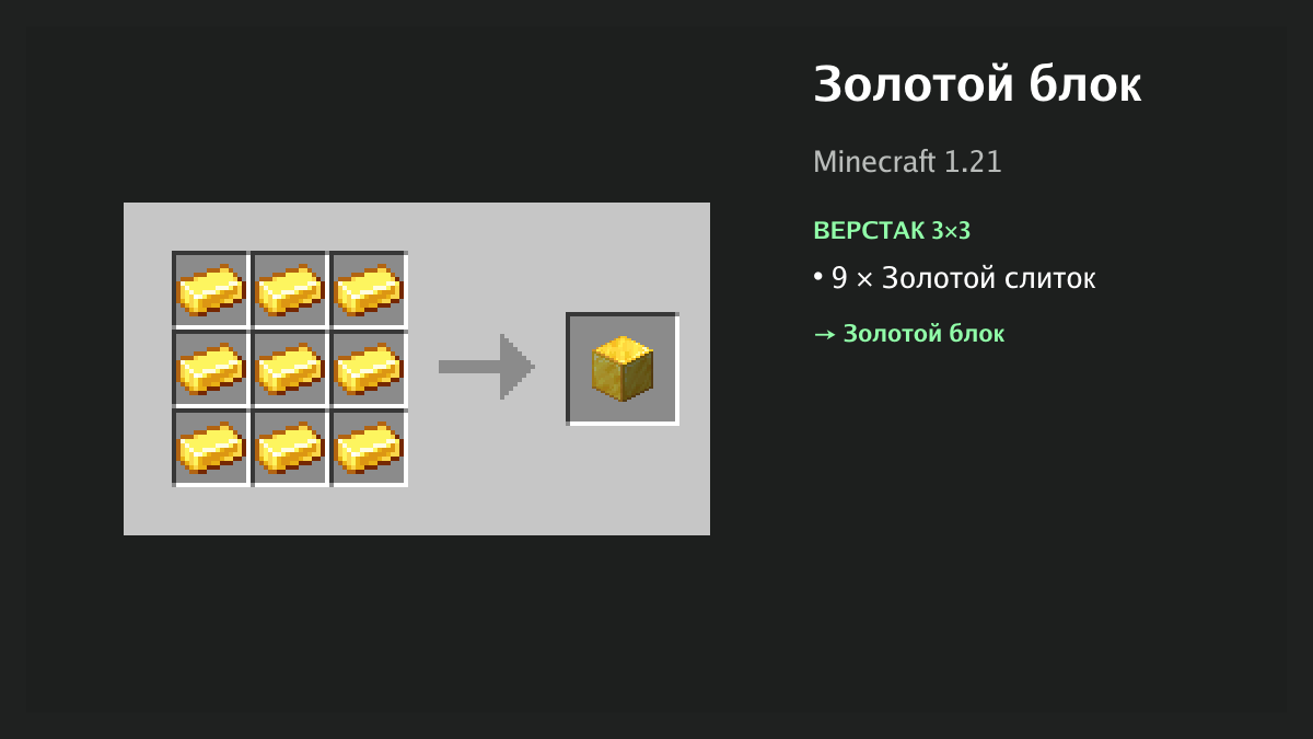 Рецепт: золотой блок в Minecraft — 9 × золотой слиток (верстак 3×3)