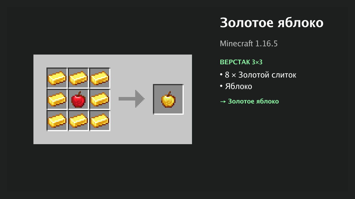 Рецепт: золотое яблоко в Minecraft — 8 × золотой слиток, яблоко (верстак 3×3)