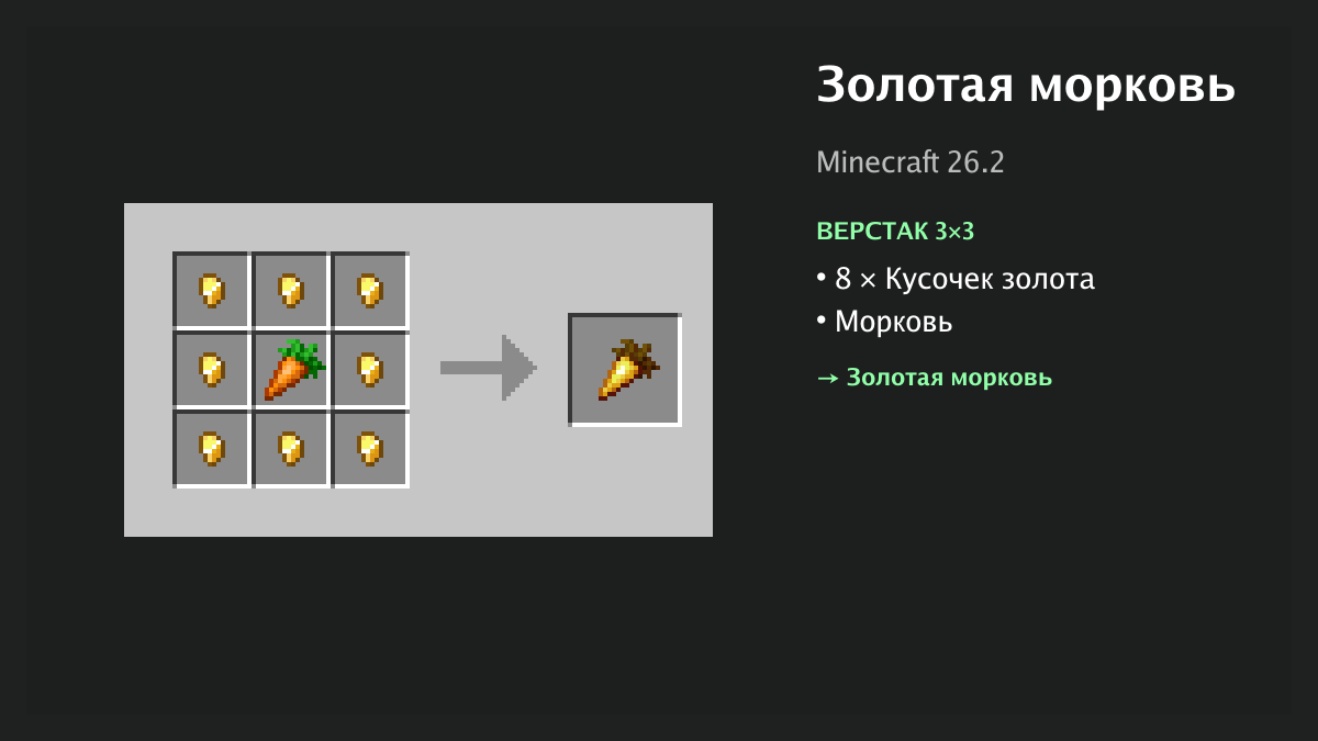 Рецепт: золотая морковь в Minecraft — 8 × кусочек золота, морковь (верстак 3×3)