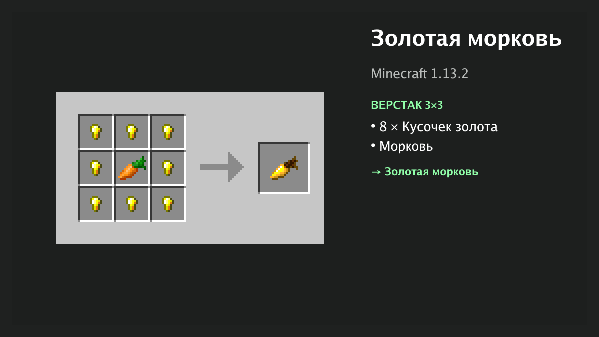 Рецепт: золотая морковь в Minecraft — 8 × кусочек золота, морковь (верстак 3×3)