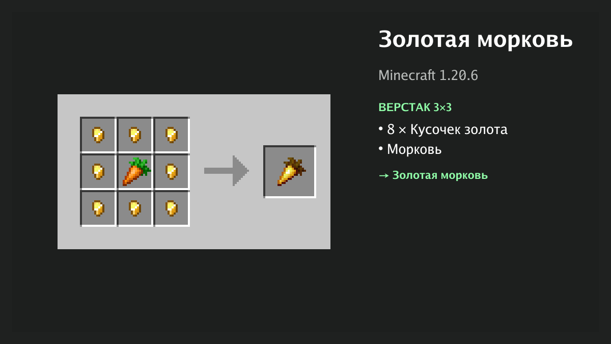 Рецепт: золотая морковь в Minecraft — 8 × кусочек золота, морковь (верстак 3×3)