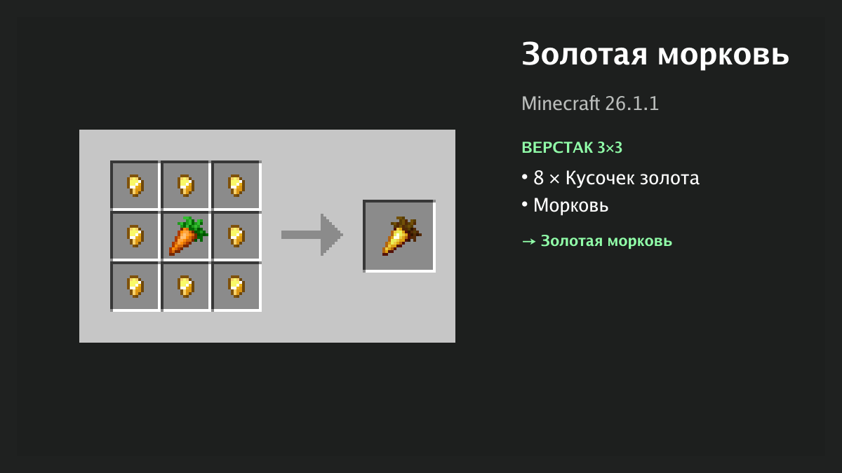 Рецепт: золотая морковь в Minecraft — 8 × кусочек золота, морковь (верстак 3×3)