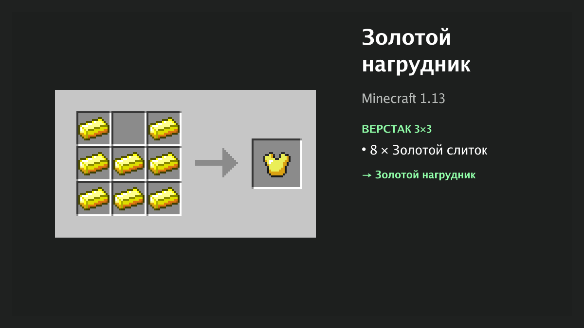 Рецепт: золотой нагрудник в Minecraft — 8 × золотой слиток (верстак 3×3)