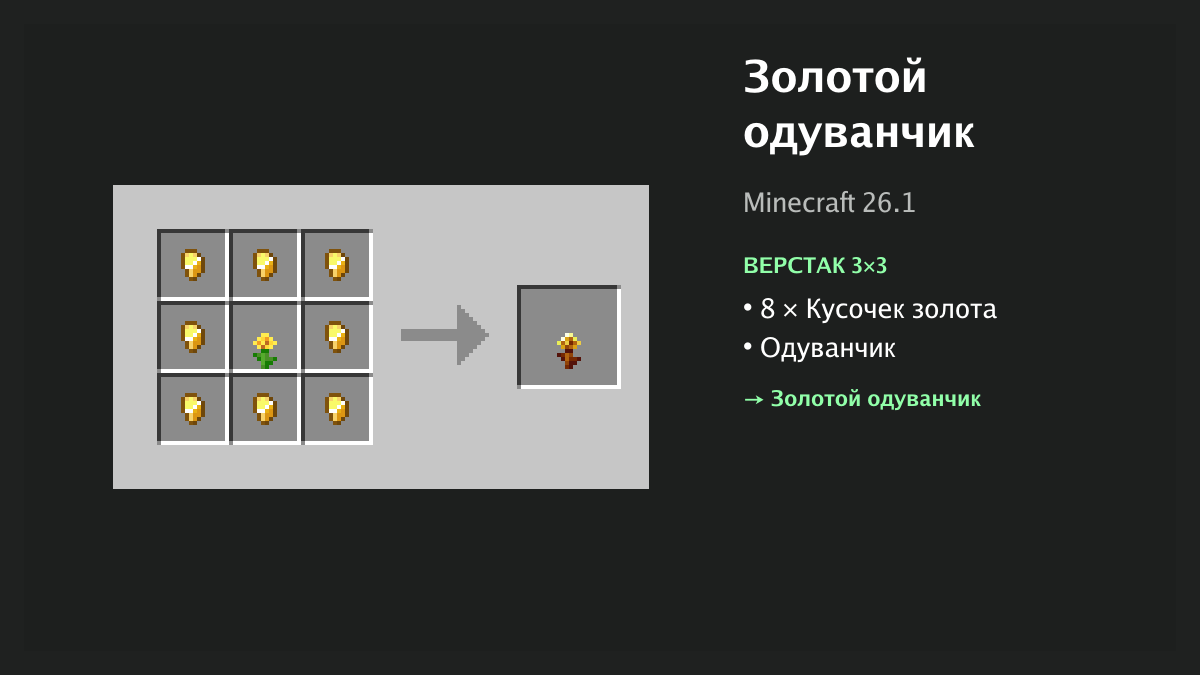 Рецепт: золотой одуванчик в Minecraft — 8 × кусочек золота, одуванчик (верстак 3×3)