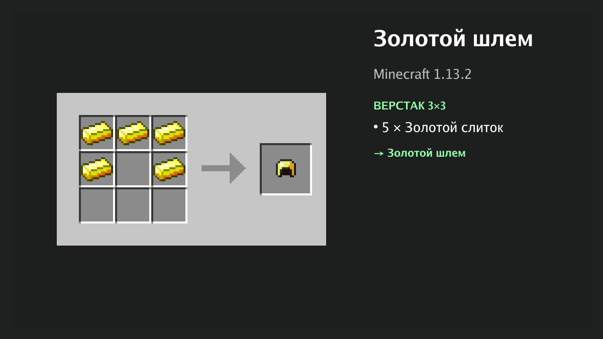 Рецепт: золотой шлем в Minecraft — 5 × золотой слиток (верстак 3×3)