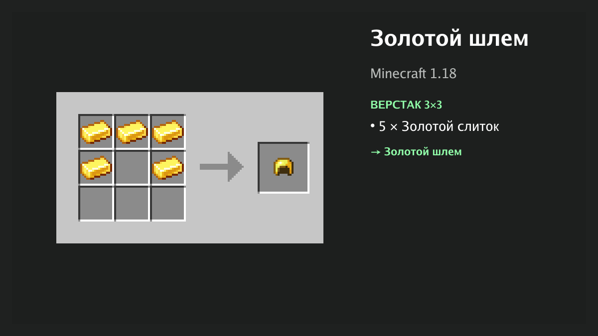 Рецепт: золотой шлем в Minecraft — 5 × золотой слиток (верстак 3×3)